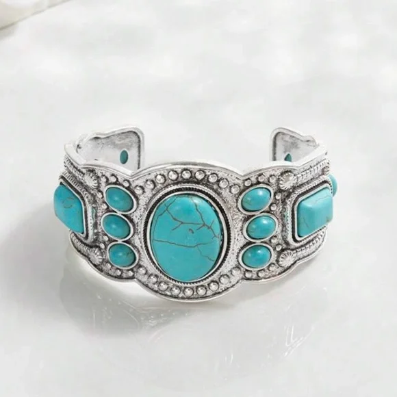1 Pc Vintage Style Bohemian Natural Turquoise Open Bracelet - Picture 2 of 5